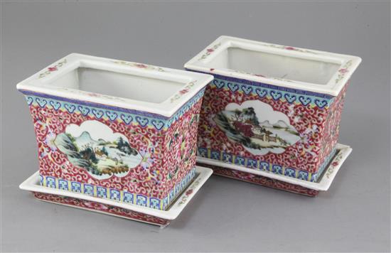 A pair of Chinese famille rose rectangular jardinieres and stands, 19th century, length 17.5cm height 13cm, one stand repaired